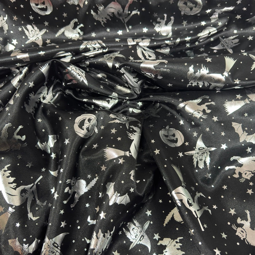 Black Bats Foil Print Satin Fabric with Silver Witches and Pumpkins for Halloween Costumes - image 4