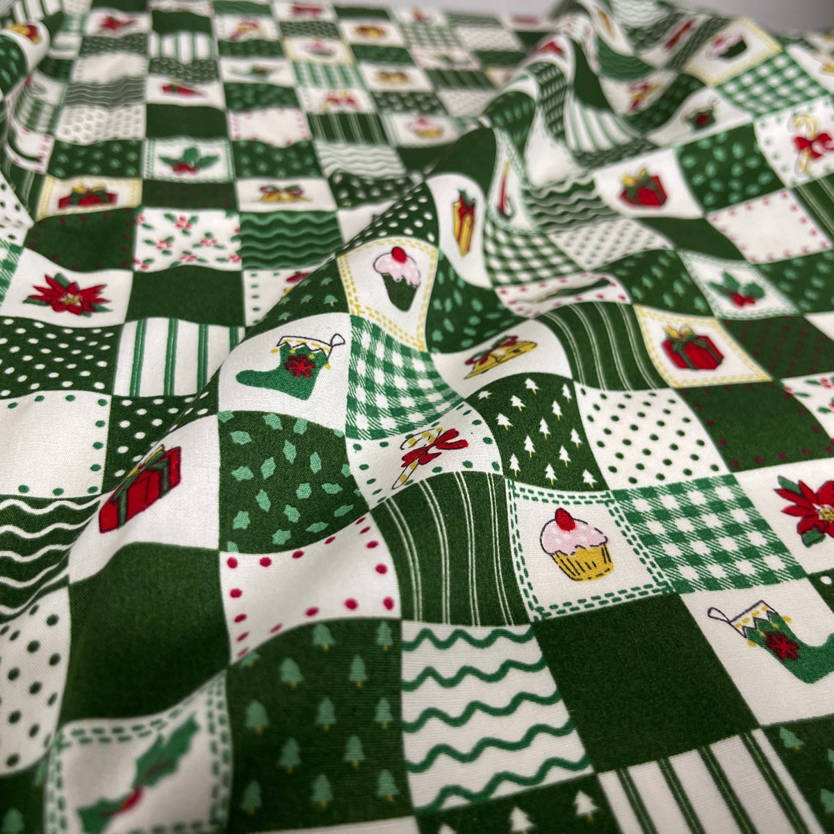 100% Cotton Christmas Patchwork Squares Fabric 45" Wide, Green - Bull Ring Fabrics