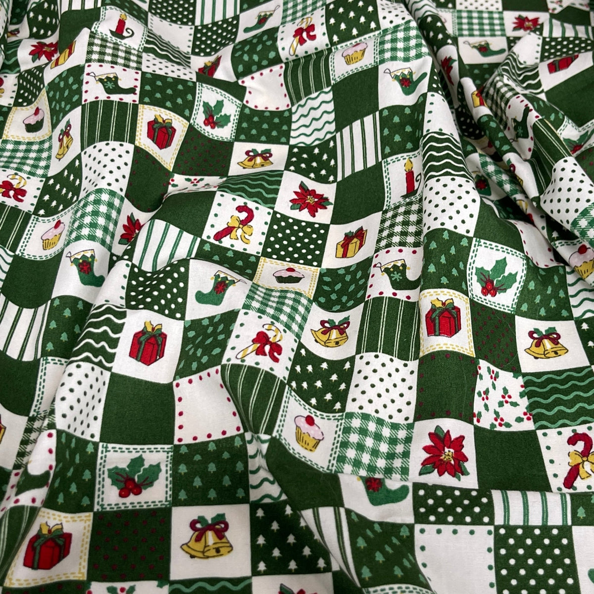 100% Cotton Christmas Patchwork Squares Fabric 45" Wide, Green - Bull Ring Fabrics
