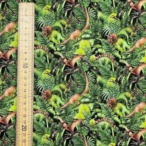 100% Cotton Craft Dinosaur Jungle Fabric – Green Prehistoric Dino Print Dressmaking & Quilting Material - Bull Ring Fabrics