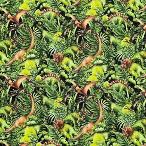 100% Cotton Craft Dinosaur Jungle Fabric – Green Prehistoric Dino Print Dressmaking & Quilting Material - Bull Ring Fabrics