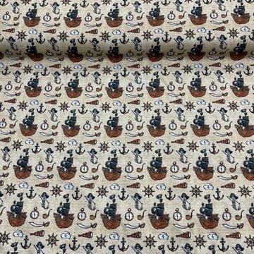 100% Cotton Craft Pirate Adventure Fabric – Pirate Ship, Skeleton & Nautical Print Dressmaking Material - Bull Ring Fabrics