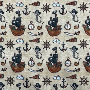 100% Cotton Craft Pirate Adventure Fabric – Pirate Ship, Skeleton & Nautical Print Dressmaking Material - Bull Ring Fabrics