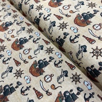 100% Cotton Craft Pirate Adventure Fabric – Pirate Ship, Skeleton & Nautical Print Dressmaking Material - Bull Ring Fabrics