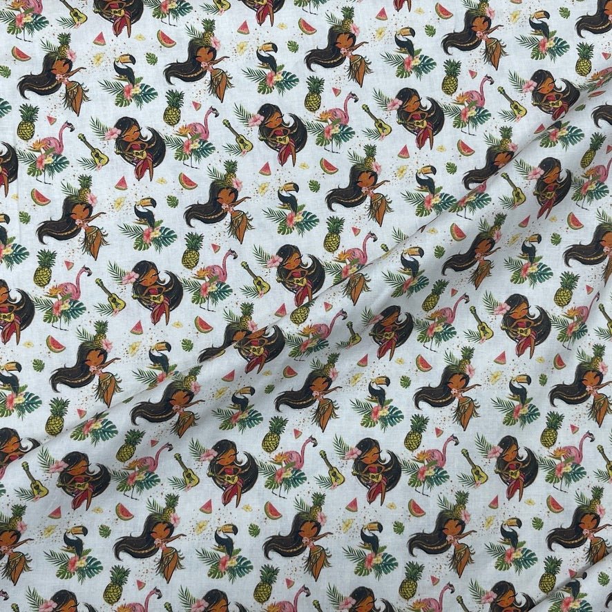 100% Cotton Craft Tropical Island Girl Fabric – Hawaiian Hula, Flamingo & Pineapple Print - Bull Ring Fabrics