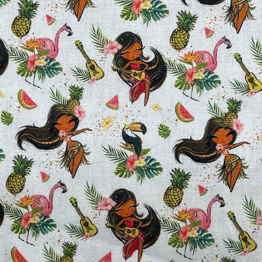 100% Cotton Craft Tropical Island Girl Fabric – Hawaiian Hula, Flamingo & Pineapple Print - Bull Ring Fabrics