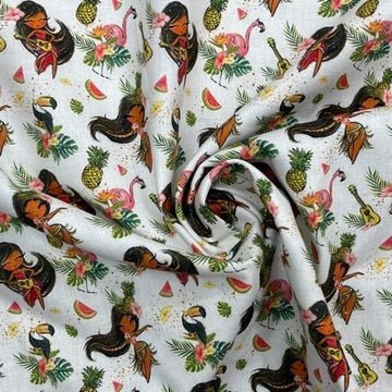 100% Cotton Craft Tropical Island Girl Fabric – Hawaiian Hula, Flamingo & Pineapple Print - Bull Ring Fabrics