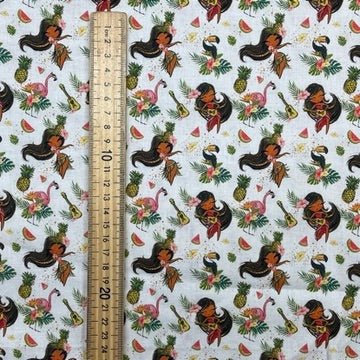 100% Cotton Craft Tropical Island Girl Fabric – Hawaiian Hula, Flamingo & Pineapple Print - Bull Ring Fabrics