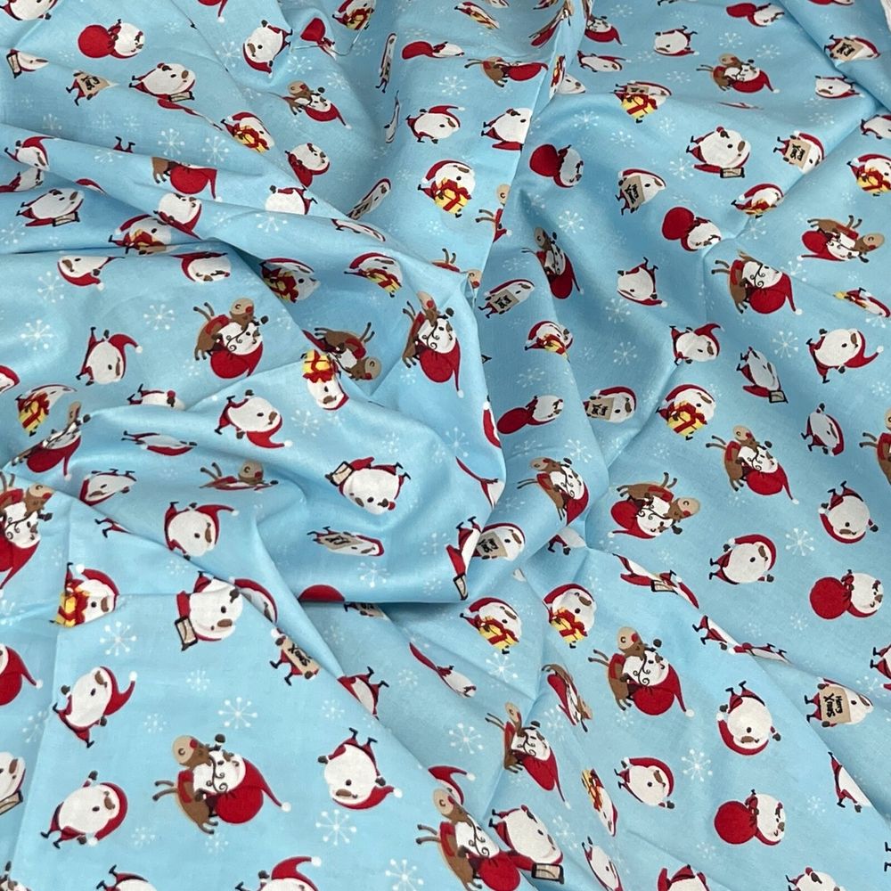 100% Cotton Craft Xmas Poplin Christmas Santa & Rudolf Snowflakes Fabric 60", Blue - Bull Ring Fabrics