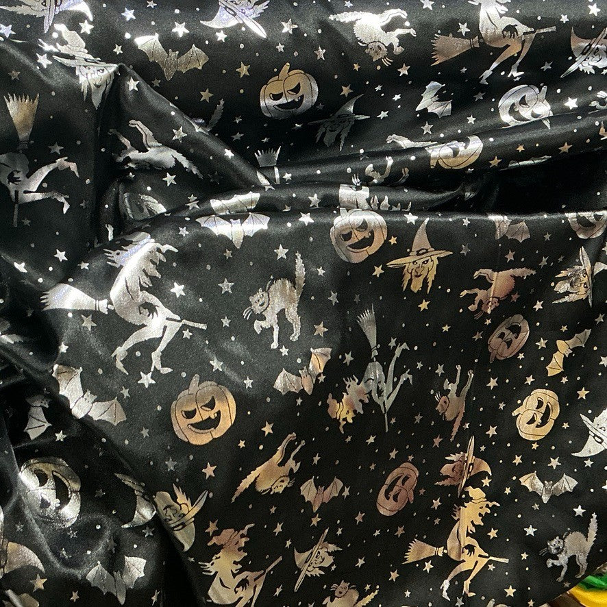 Black Halloween Bats Witches Pumpkins Silver Foil Taffeta Fabric - image 4 - Bull Ring Fabrics