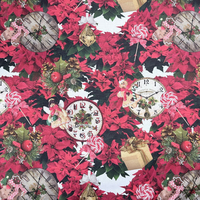Christmas Poinsettia & Gingerbread Clocks Cotton Linen Fabric, Tablecloth 140cm - Bull Ring Fabrics