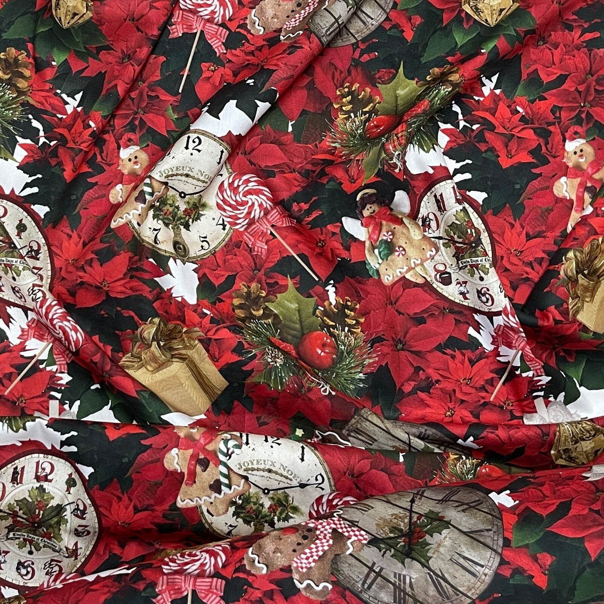 Christmas Poinsettia & Gingerbread Clocks Cotton Linen Fabric, Tablecloth 140cm - image 7 - Bull Ring Fabrics