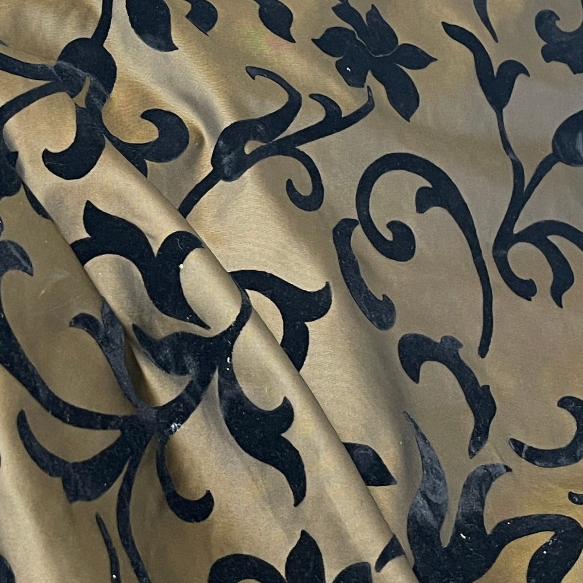 Black Velvet Flock Floral Faux Silk Taffeta Dress Fabric in Brown - image 2