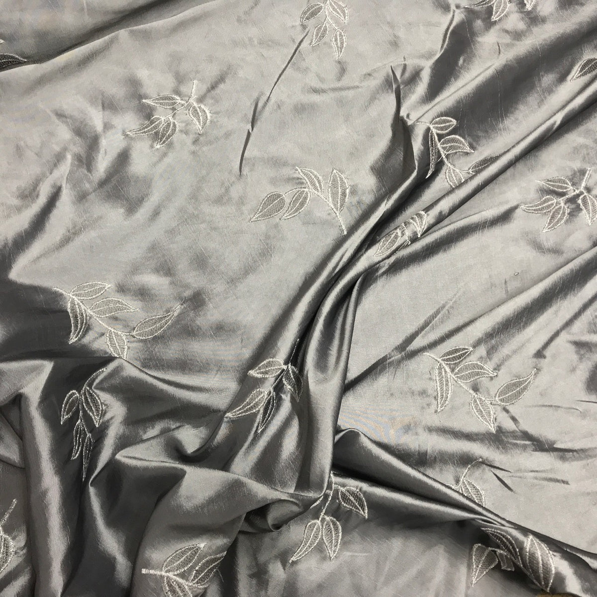 Silver 5 Leaf Embroidered Taffeta Fabric - image 3 - Bull Ring Fabrics