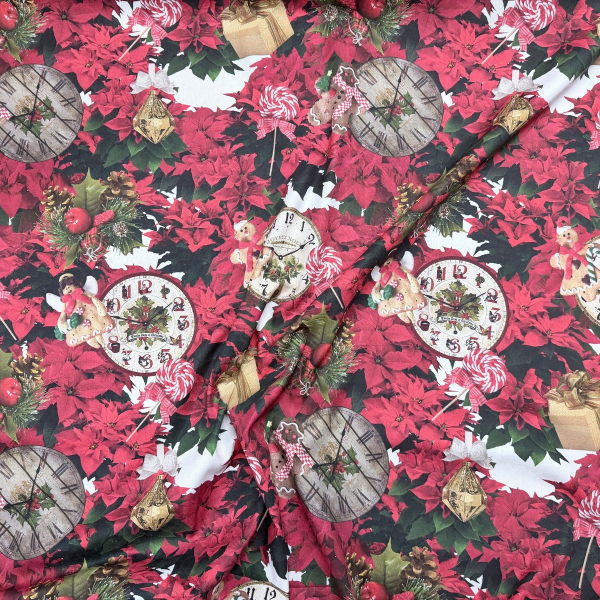Christmas Poinsettia & Gingerbread Clocks Cotton Linen Fabric, Tablecloth 140cm - image 2 - Bull Ring Fabrics