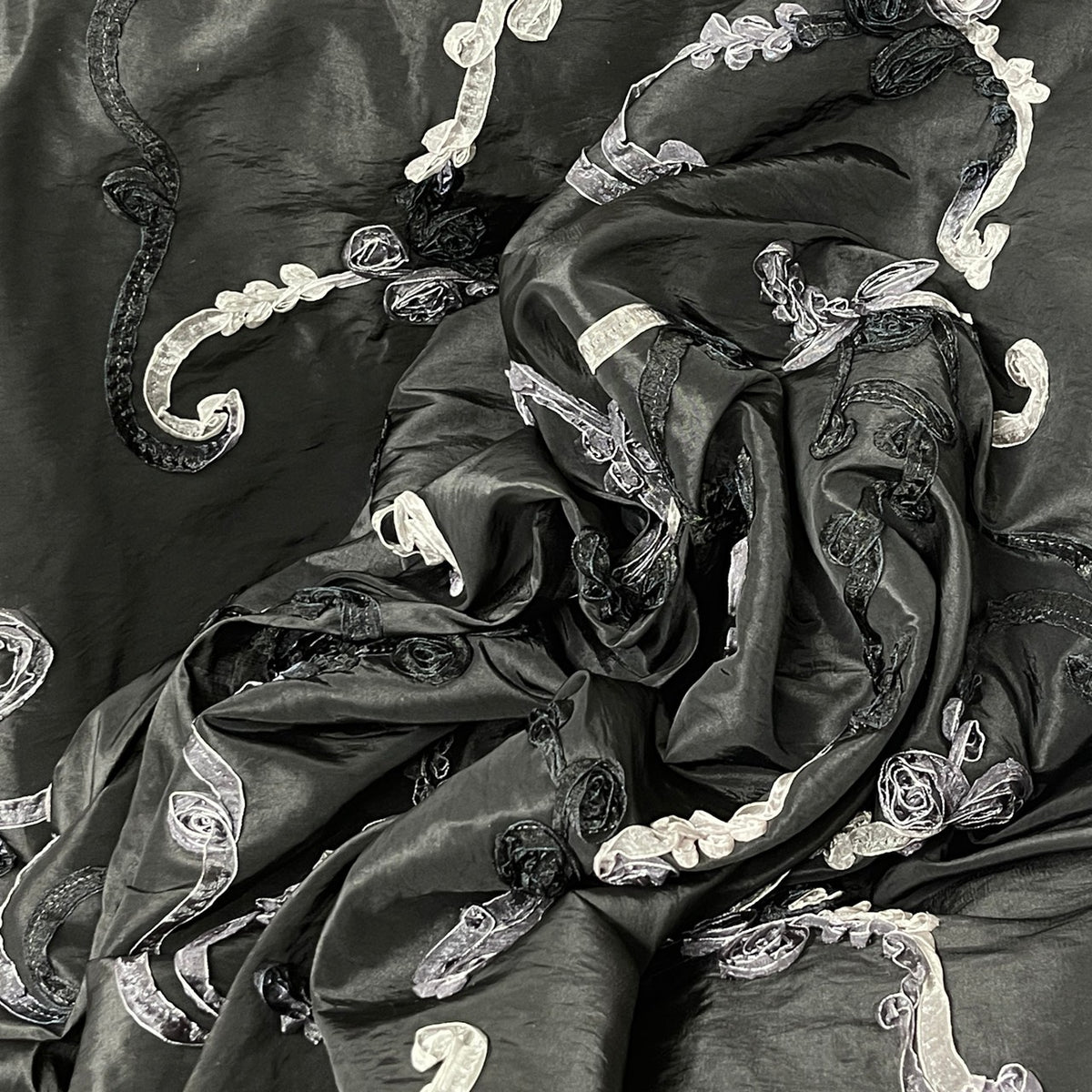 Black 3D Floral Ribbon Organza Embroidered Taffeta Fabric - image 6 - Bull Ring Fabrics