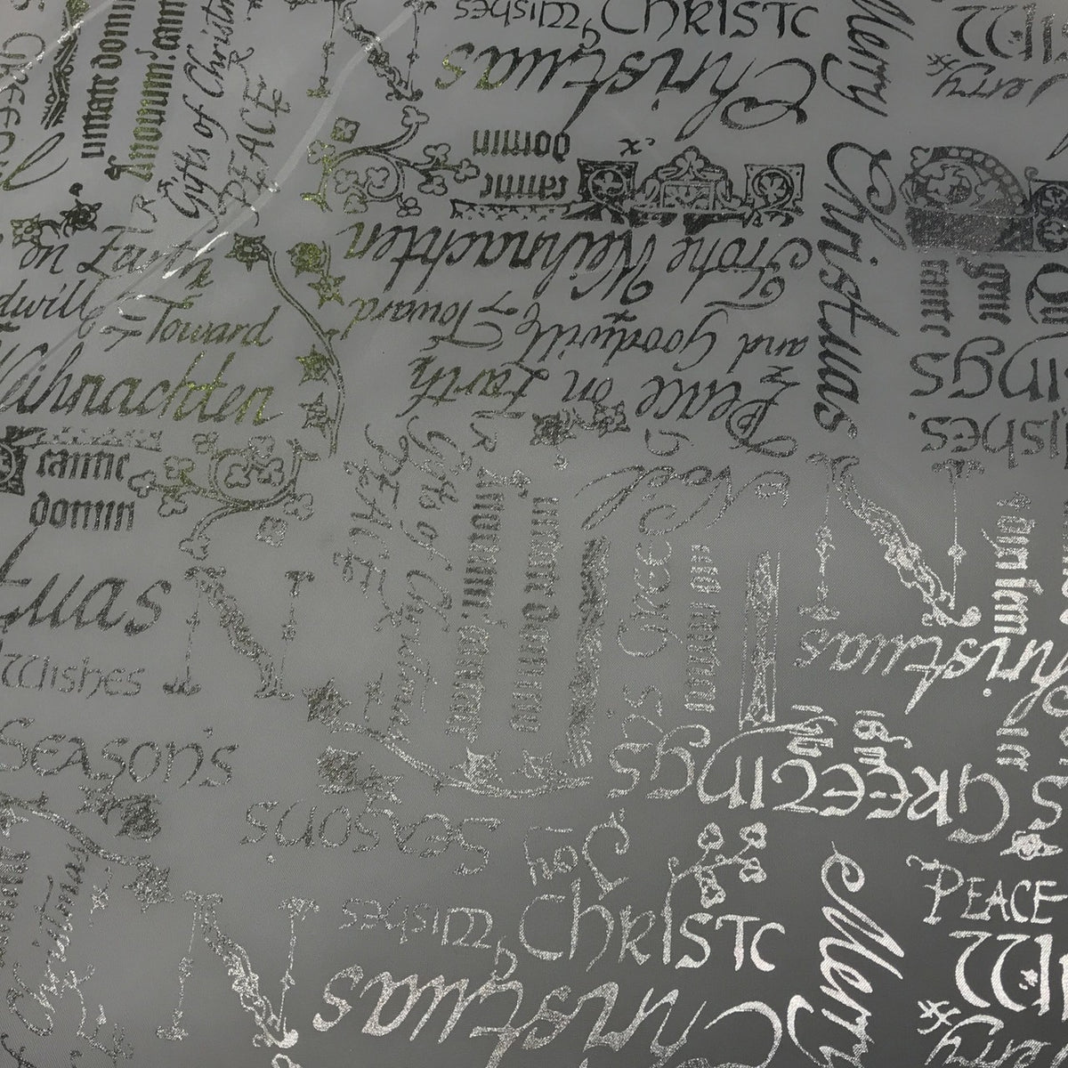 White Silver Metallic 'Christmas Greetings' Foil Taffeta Fabric - image 5 - Bull Ring Fabrics
