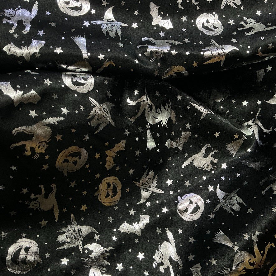 Black Halloween Bats Witches Pumpkins Silver Foil Taffeta Fabric - image 7 - Bull Ring Fabrics