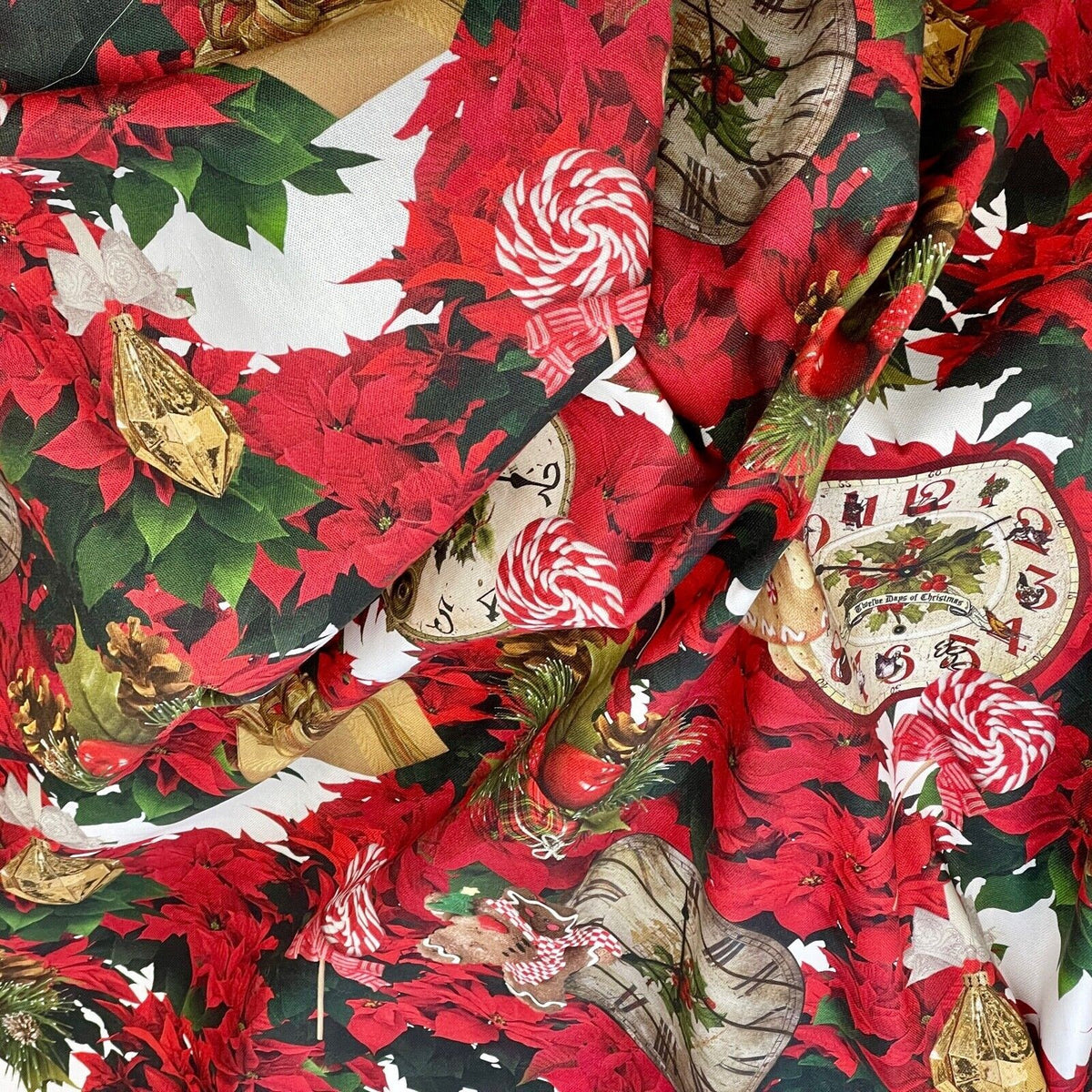 Christmas Poinsettia & Gingerbread Clocks Cotton Linen Fabric, Tablecloth 140cm - image 4 - Bull Ring Fabrics