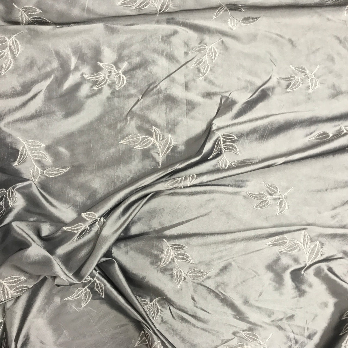 Silver 5 Leaf Embroidered Taffeta Fabric - Bull Ring Fabrics