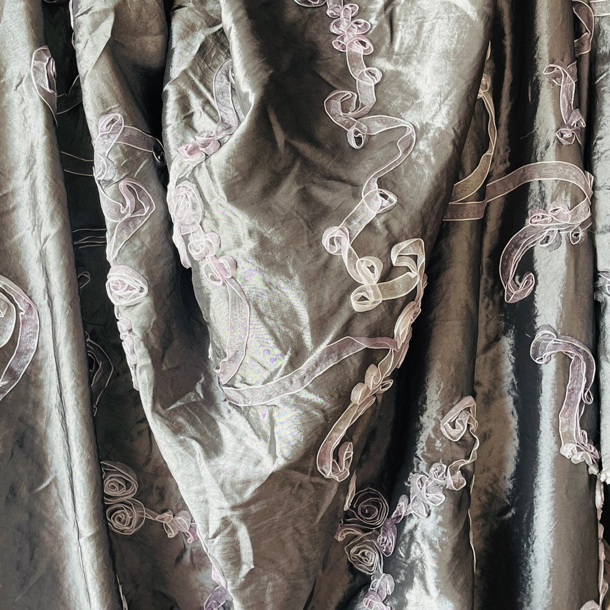 Grey Ribbon Organza Floral Embroidered Taffeta Fabric - image 3 - Bull Ring Fabrics