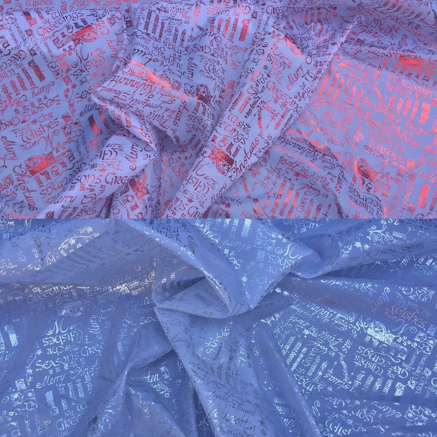 White Silver Metallic 'Christmas Greetings' Foil Taffeta Fabric - image 6 - Bull Ring Fabrics