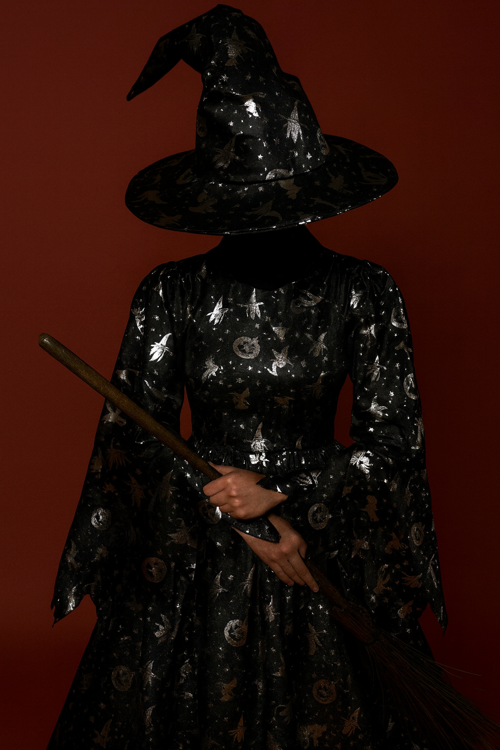 Black Halloween Bats Witches Pumpkins Silver Foil Taffeta Fabric - image 6 - Bull Ring Fabrics