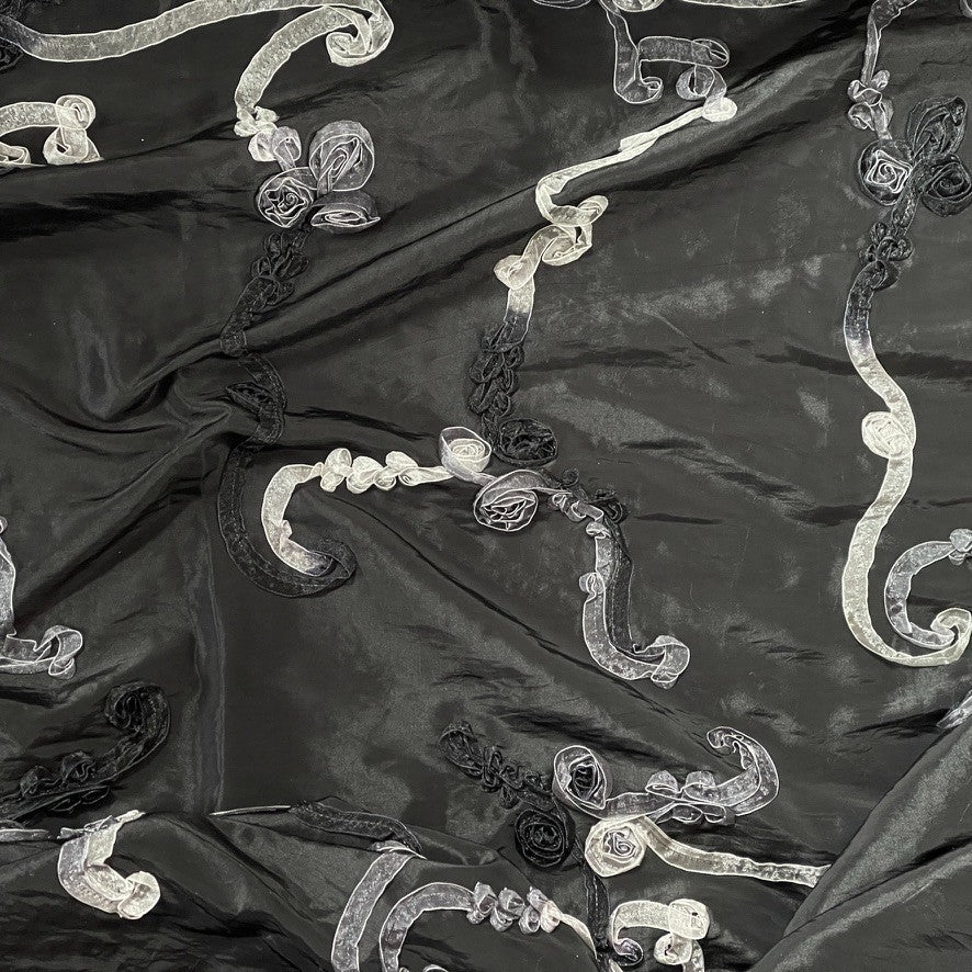 Black 3D Floral Ribbon Organza Embroidered Taffeta Fabric - image 7 - Bull Ring Fabrics