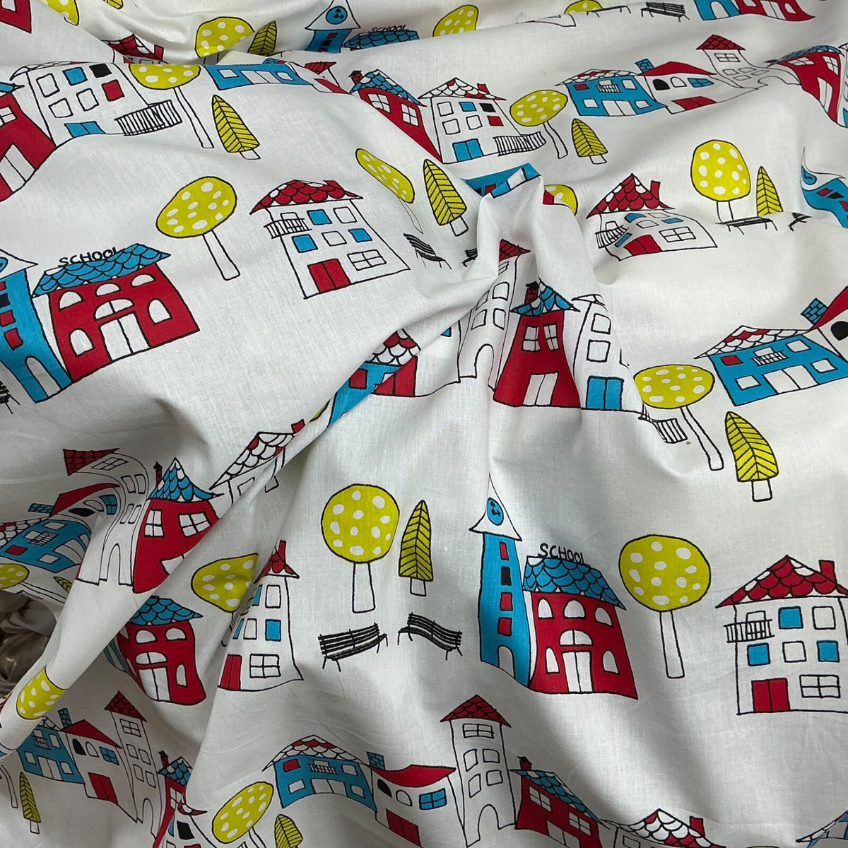 School Buildings Kids Print Cotton Fabric, Nursery Curtains & Blinds 140cm, White - image 2 - Bull Ring Fabrics