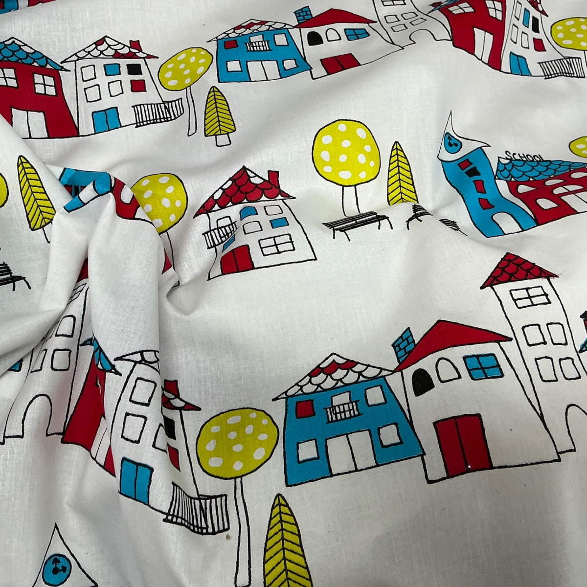 School Buildings Kids Print Cotton Fabric, Nursery Curtains & Blinds 140cm, White - image 4 - Bull Ring Fabrics