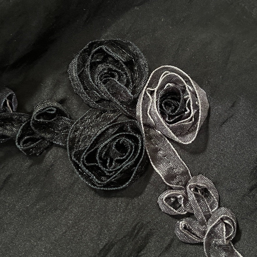 Black 3D Floral Ribbon Organza Embroidered Taffeta Fabric - image 9 - Bull Ring Fabrics