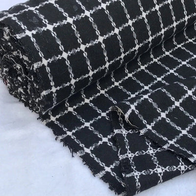 10m White Checks Tartan Wool Blend Fabric, Black - Bull Ring Fabrics