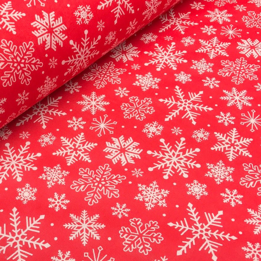 10m White Xmas Snowflakes Christmas Polycotton Fabric 45", Red - Bull Ring Fabrics
