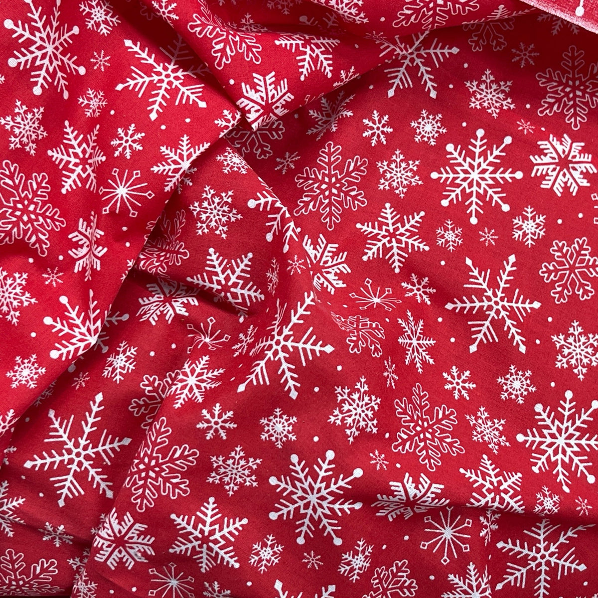 10m White Xmas Snowflakes Christmas Polycotton Fabric 45", Red - Bull Ring Fabrics