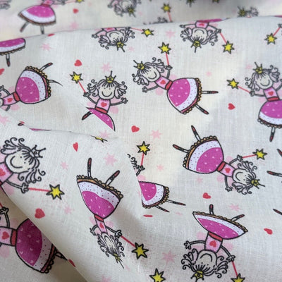 150m Pink Princess Fairy Cotton Fabric Polycotton Dressmaking Kids Print, Cream - Bull Ring Fabrics