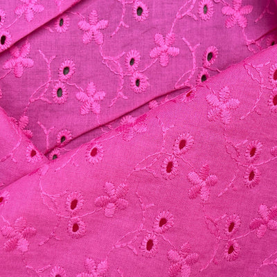 2 Hole Floral Broderie Anglaise 100% Cotton Fabric Dress 54”- Hot Pink - Bull Ring Fabrics