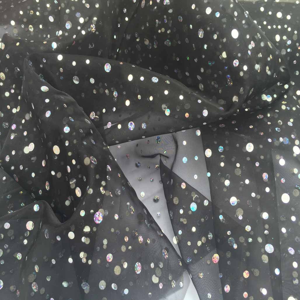 20m Black Sparkle Sequins Hologram Spot Organza Fabric - Bull Ring Fabrics