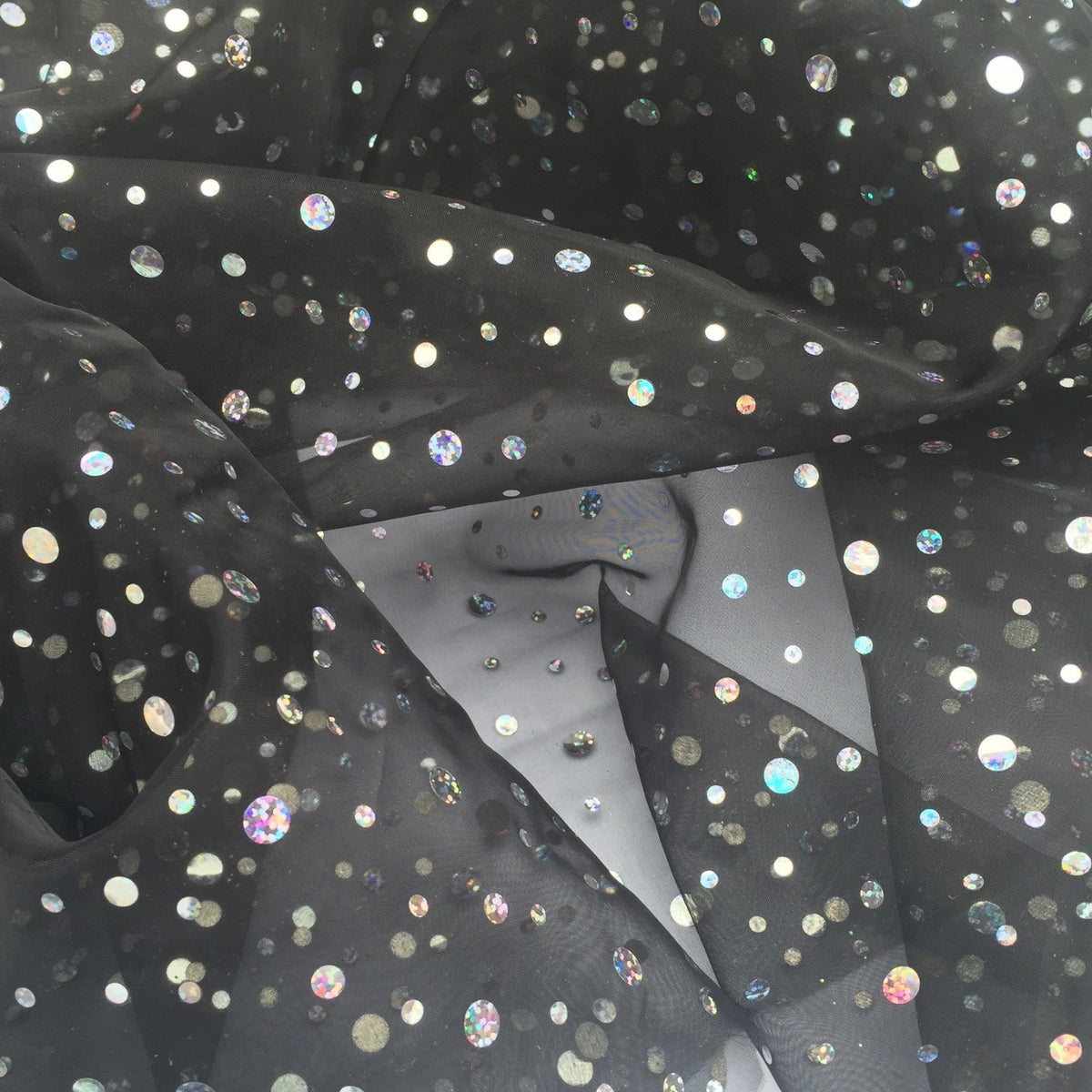 20m Black Sparkle Sequins Hologram Spot Organza Fabric - Bull Ring Fabrics