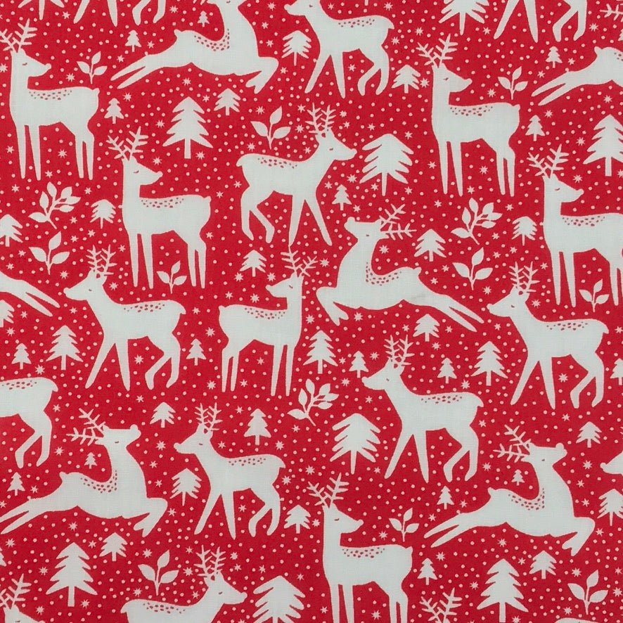 20m Christmas Polycotton Fabric – Reindeer Rudolph Snow 45”, Red - Bull Ring Fabrics