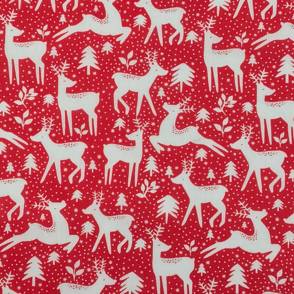 20m Christmas Polycotton Fabric – Reindeer Rudolph Snow 45”, Red - Bull Ring Fabrics