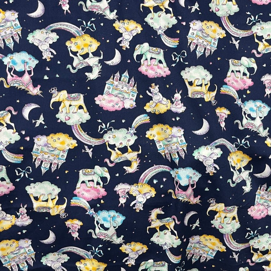 20m Unicorn & Elephants In Clouds Rose & Hubble Cotton Poplin Fabric 45", Navy - Bull Ring Fabrics