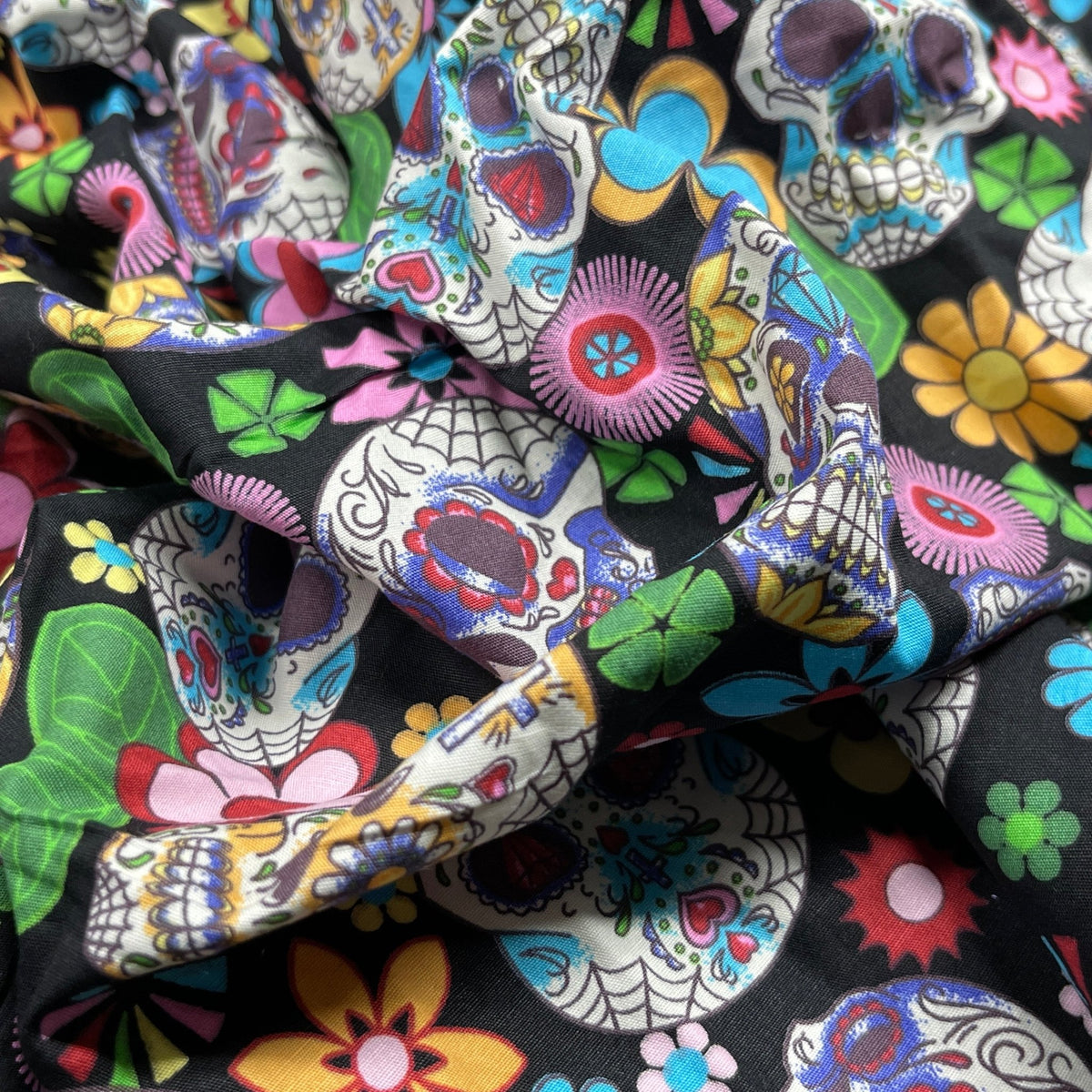 27m Roll Sugar Skulls Tattoo Day Of the Dead Cotton Poplin Fabric, Black - Bull Ring Fabrics