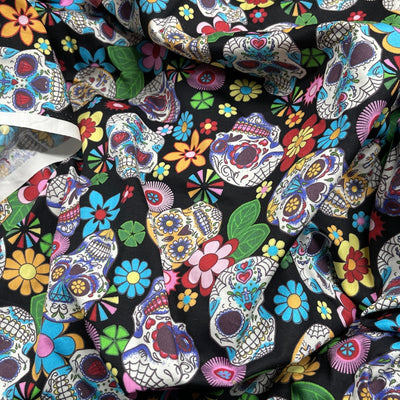 27m Roll Sugar Skulls Tattoo Day Of the Dead Cotton Poplin Fabric, Black - Bull Ring Fabrics