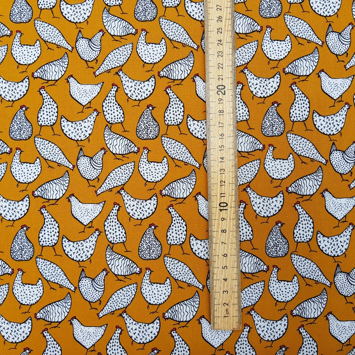 27m Wholesale White Chicken/Hen Rose & Hubble Cotton Poplin Fabric 45", Ochre - Bull Ring Fabrics