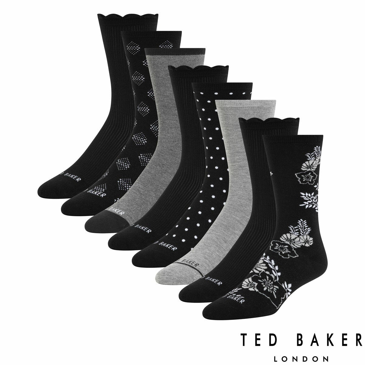 Ted Baker Women's Crew Sock, 8 Pack - Black Grey