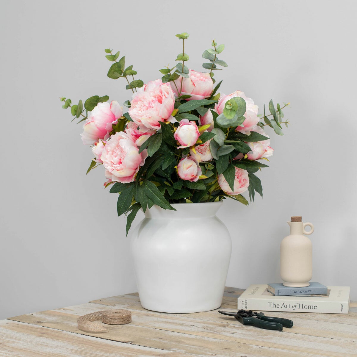 Artificial Peony & Eucalyptus Bouquet in Vase in 2 Colours - Pink