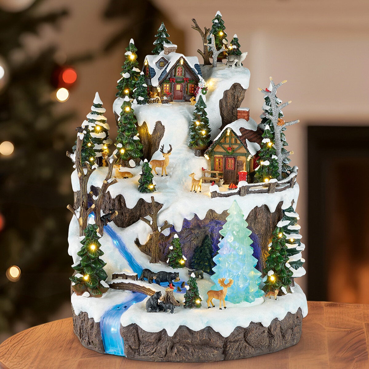 Snowy Woodland Village with Lights and Music