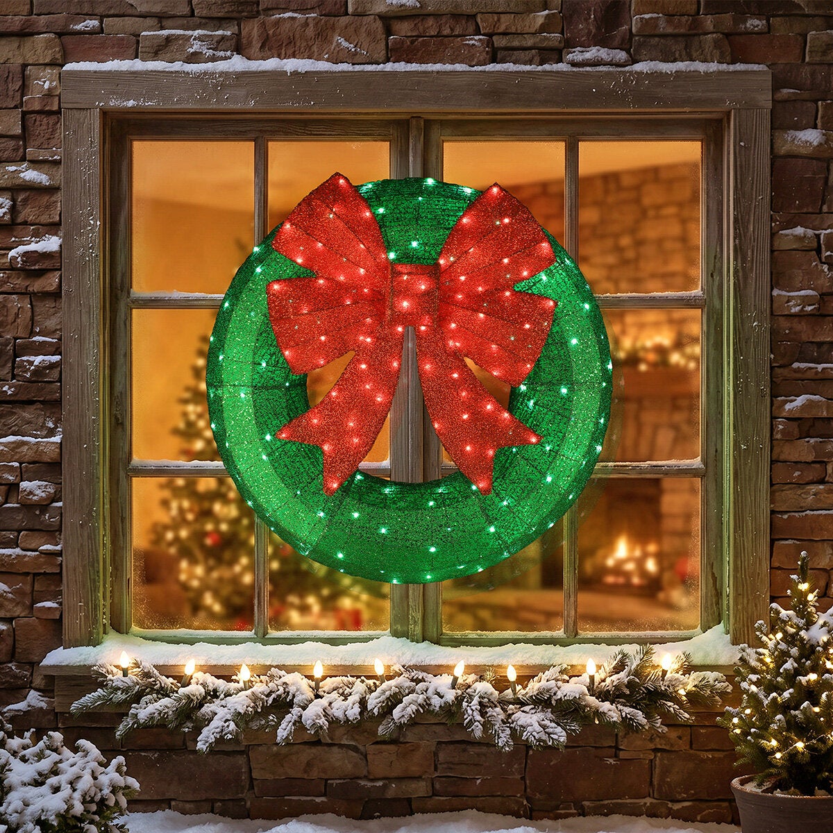 36 inch Light-Up Christmas Wreath Sculpture With Bow