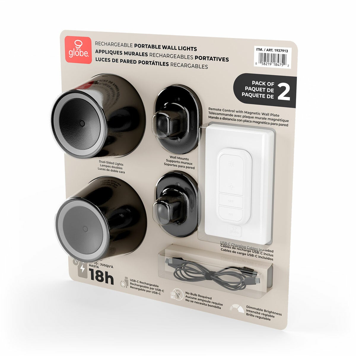 Globe Rechargeable Black Portable Wall Light, 2 Pack - Black