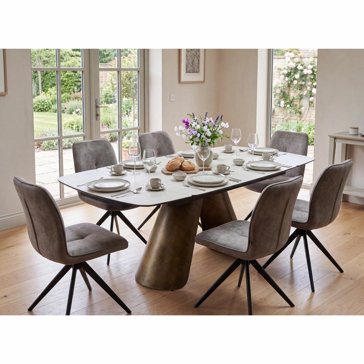 Albania Ceramic Extending Dining Table + 6 Grey Swivel Chairs (Seats 6-8)